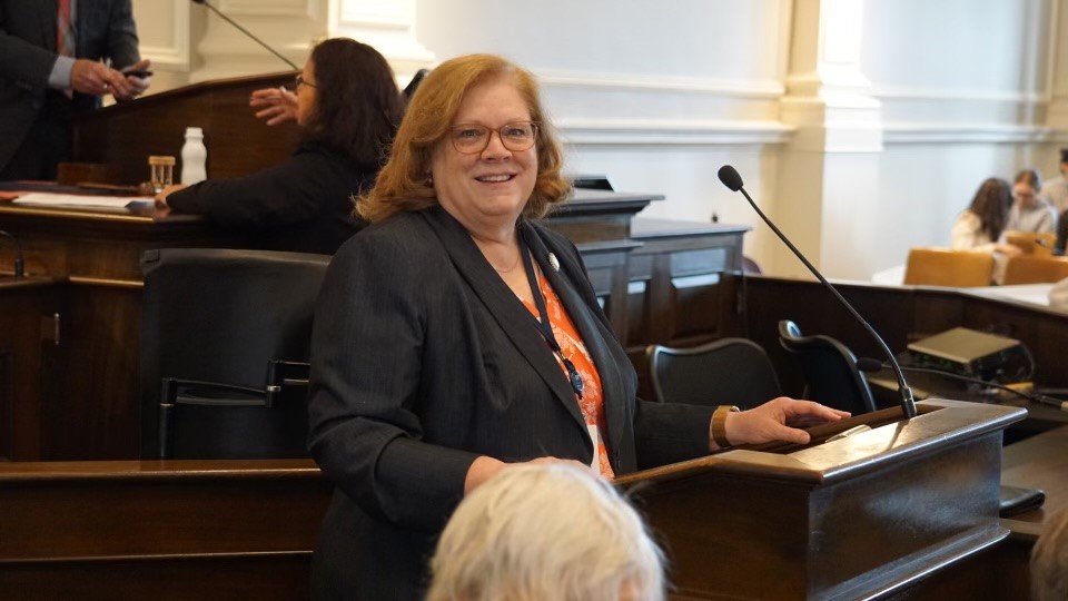 Sharon Carson speaking at a podium on the New Hampshire Senate floor